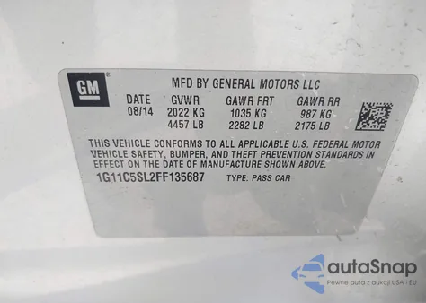 2015 Chevrolet Malibu 1Lt z USA, uszkodzony, nr VIN 1G11C5SL2FF135687